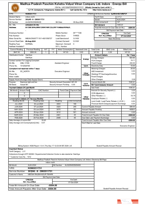 INDIA MPWZ business utility bill Word and PDF template PSD template